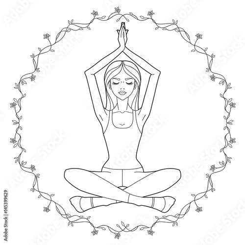 Fashion girl practicing Yoga. Lotus meditative pose. Young beautiful woman sitting in yoga position. Template for design cards, yoga studio, poster and natural cosmetics. Vector illustration.