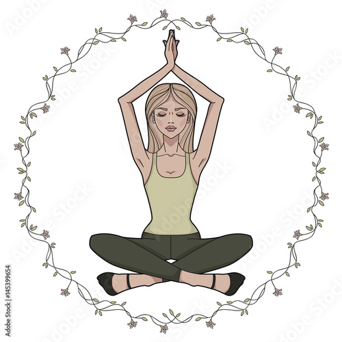 Fashion girl practicing Yoga. Lotus meditative pose. Young beautiful woman sitting in yoga position. Template for design cards, yoga studio, poster and natural cosmetics. Vector illustration.