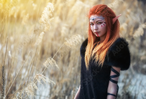 Elf women with fiery hair on nature. Beautiful young fantasy girl. Cosplay character photo