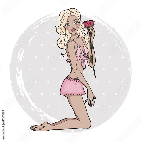 Fashion girl with red flower in her hand. Elegant sensual young woman in beautiful pink lingerie. Happy Valentines Day card. Vector illustration.