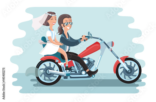 Vector illustration of wedding young couple riding the motorcycle. The long-haired guy with glasses and jeans and cute girl in short dress and vest on white isolated background.