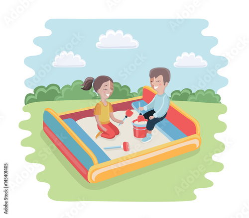 Happy kid playing in sandbox adorable cheerful little character. Childhood summer playground sand kid playing sandbox. Little cute happy play kid playing sandbox outdoor with toy vector character. © iracosma