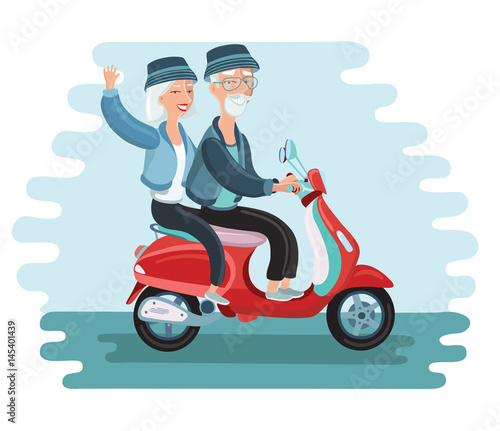 Old people driving scooter vector illustration. Image of pagoda in Asia. Illustration of modern old people lifestyle - happy  smiling  active  traveling