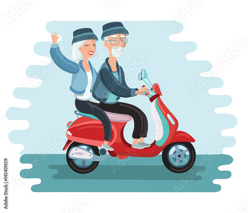 Old people driving scooter vector illustration. Image of pagoda in Asia. Illustration of modern old people lifestyle - happy, smiling, active, traveling