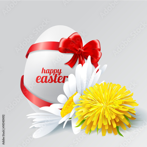 Stock Vector Easter egg with a bow  dandelion and chamomile