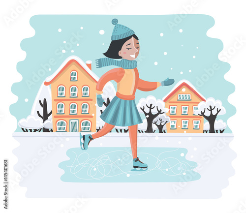 Happy sweet girl riding on ice skates