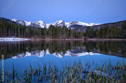 Pre dawn image of the Continental Divide and a Sprague Lake reflection