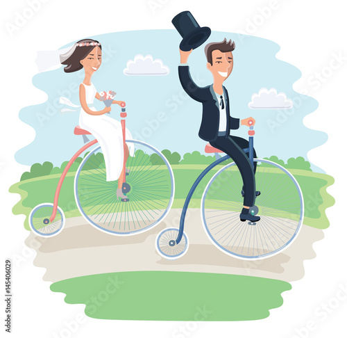 Wedding couple on tricycles vintage bike riding in park.