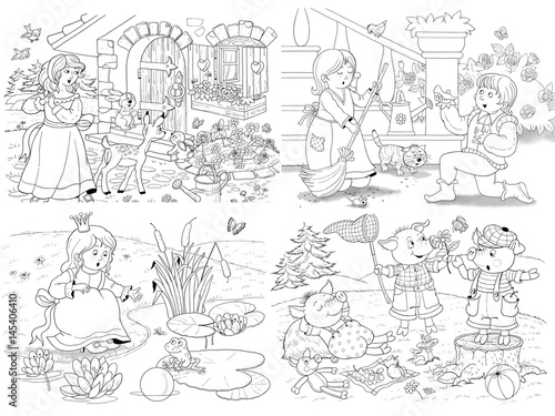 Small set of fairy tale illustrations. Snow White and seven dwarfs. Cinderella. Frog prince. Three little pigs. Coloring page. Coloring book. Cute and funny cartoon characters