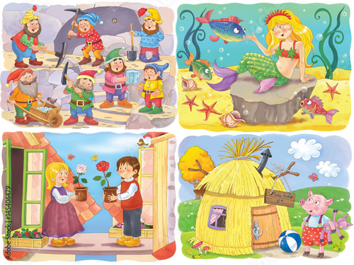 Small set of fairy tale illustrations. Snow White and seven dwarfs. Mermaid. Snow Queen. Three little pigs. Coloring page. Coloring book. Cute and funny cartoon characters