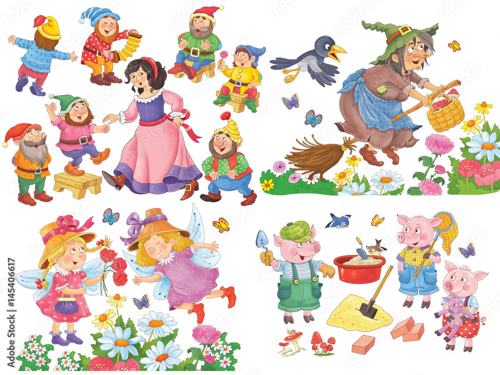 Small set of fairy tale illustrations. Snow White and seven dwarfs. Three little pigs. Cute fairies and a witch. Coloring page. Coloring book. Cute and funny cartoon characters