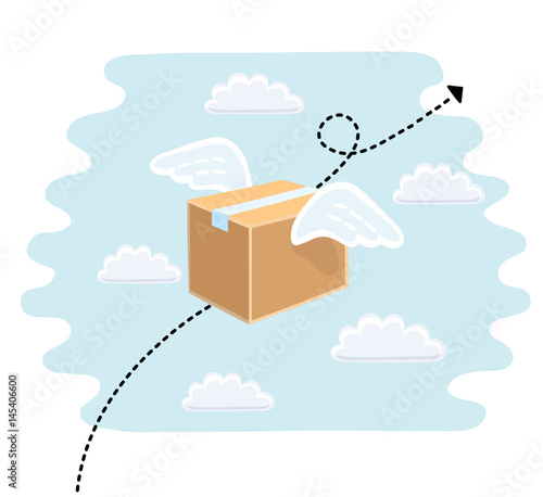 Fast delivery service flat vector illustration. Parcel with wings flies in sky among clouds.