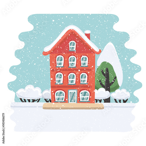 Gingerbread house in the forest with moon. Santa silhouette against the backdrop of the moon. Christmas card, poster or banner. Vector illustration. photo