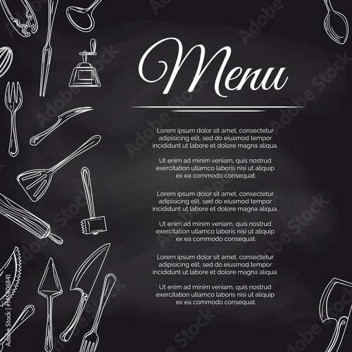 Chalkboard menu poster design with kitchen utensils, vector illustration