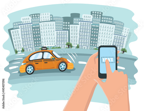 picture of a taxi cab, mobile phone with map and big city on background, taxi service concept, flat style illustration