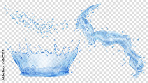 Blue water crown, drops and splash of water. Transparency only in vector file