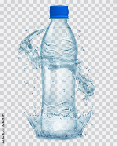 Transparent plastic bottle with water crown and splashes in gray colors. Transparency only in vector file