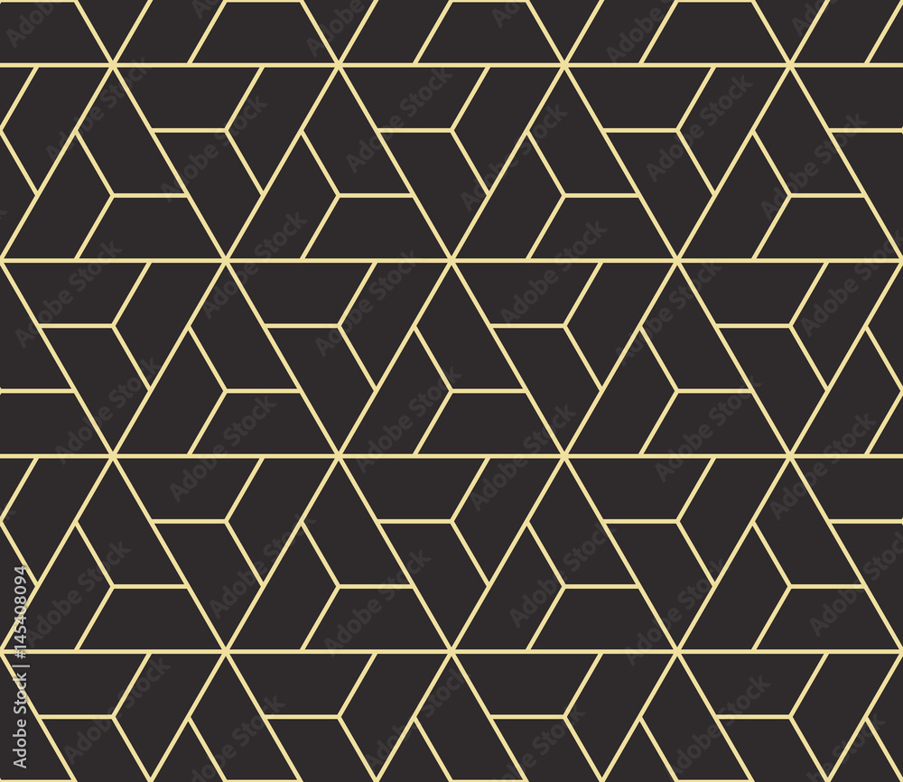 Seamless antique palette black and gold isometric revolving triangles outline pattern vector