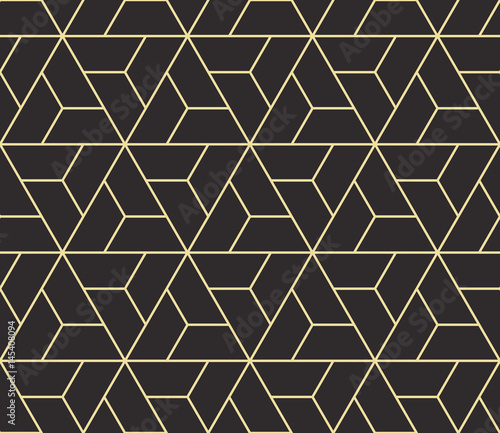 Seamless antique palette black and gold isometric revolving triangles outline pattern vector