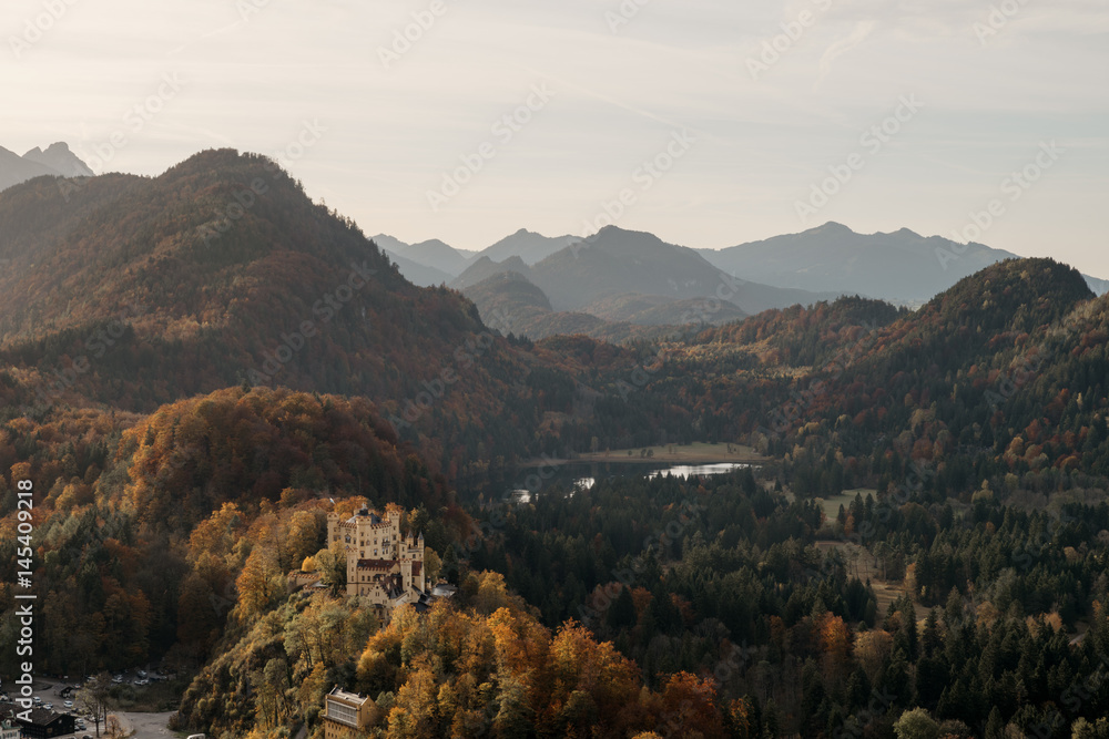Fototapeta premium Aerial view of Hohenschwangau castle in autumn
