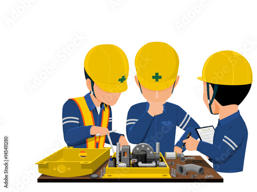 workers are analyzing problem about machine'
