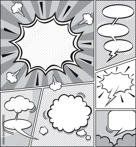 Comic speech bubbles and comic strip background vector illustration