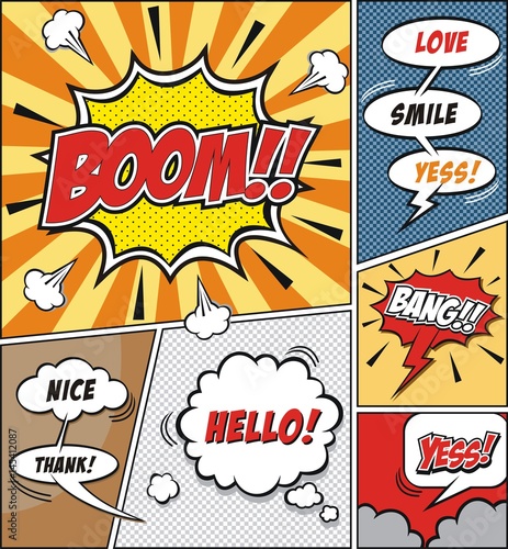 Comic speech bubbles and comic strip background vector illustration