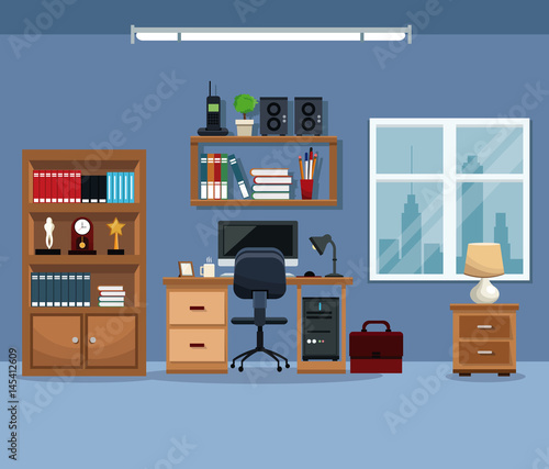 workspace bookshelf desk chair stereo telephone lamp window vector illustration