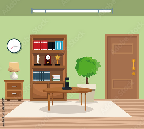 room pot tree bookcase clock lamp table telephone door carpet vector illustration
