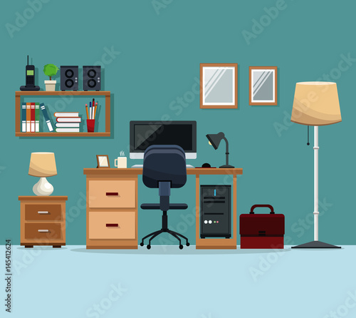 workspace desk chair computer floor lamp mirror stereo pencils vector illustration