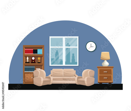 living room sofa armchair clock lamp small table bookcase trophy window vector illustration