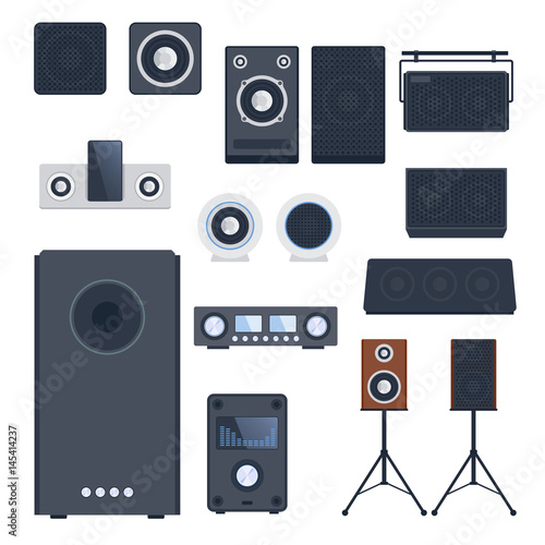 Home sound system stereo flat vector music loudspeakers player subwoofer equipment technology.