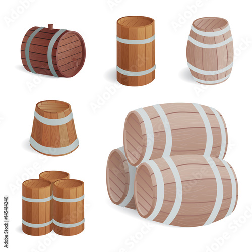 Wooden barrel vintage old style oak storage container and brown isolated retro liquid beverage object fermenting distillery cargo drum lager vector illustration.