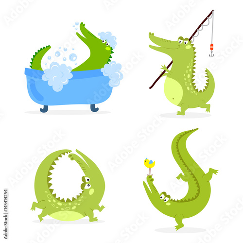 Cartoon green crocodile funny predator australian wildlife river reptile alligator flat vector illustration.