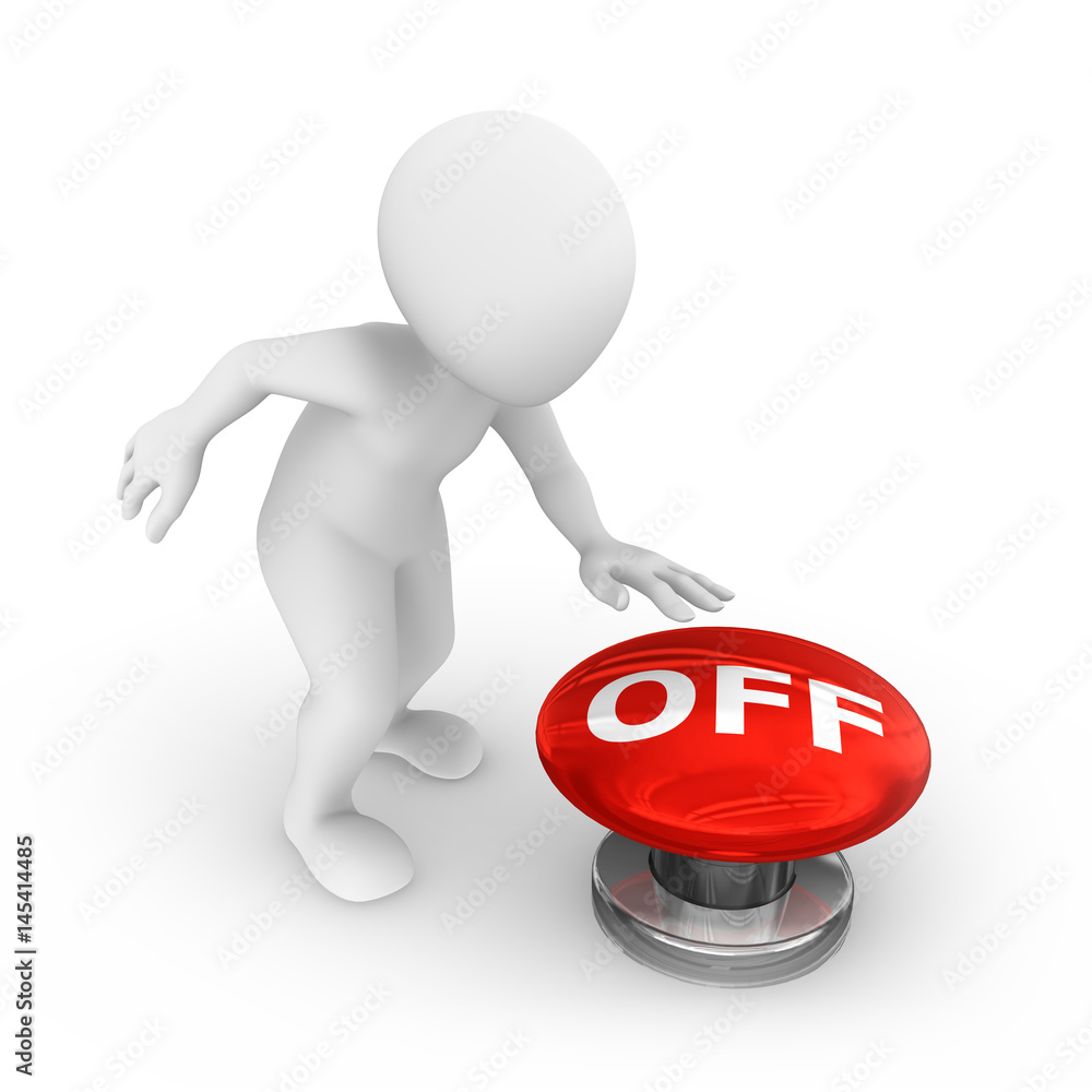 3d man presses the off button. 3d man presses the off button.