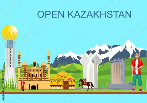 Kazakhstan travel concept vector illustration, historical buildings, nature.