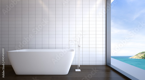 Bathtub is placed in bathroom with sea view   3d rendering