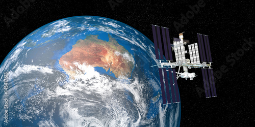 Fototapeta Naklejka Na Ścianę i Meble -  Extremely detailed and realistic 3d image of ISS international space station orbiting Earth. Shot from outer space. Elements of this image have been furnished by nasa.