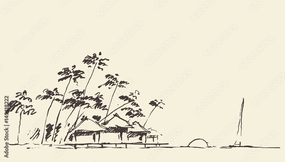 Fototapeta premium Sketches seaside view beach vector sketch