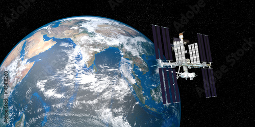 Fototapeta Naklejka Na Ścianę i Meble -  Extremely detailed and realistic 3d image of ISS international space station orbiting Earth. Shot from outer space. Elements of this image have been furnished by nasa.