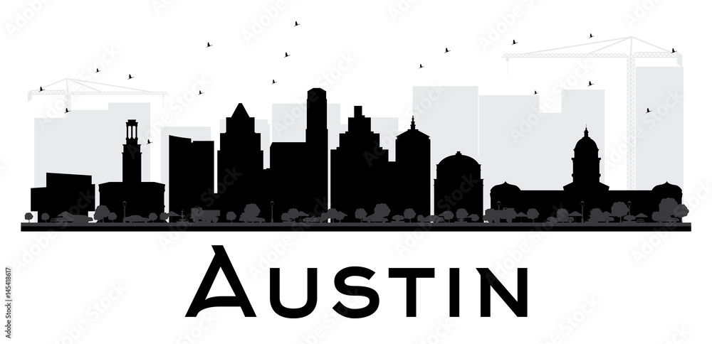 Austin City skyline black and white silhouette.