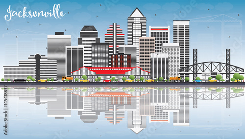 Jacksonville Skyline with Gray Buildings, Blue Sky and Reflections.