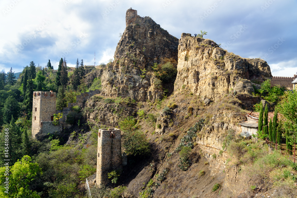 Ruins and towers of Narikala Fortress in Tbilisi, Georgia