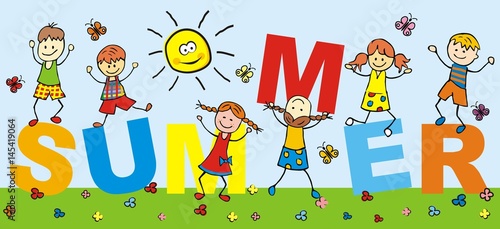 Happy kids and text summer. Romping children. Vector icon. Funny illustration.