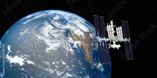 Fototapeta Naklejka Na Ścianę i Meble -  Extremely detailed and realistic 3d image of ISS international space station orbiting Earth. Shot from outer space. Elements of this image have been furnished by nasa.