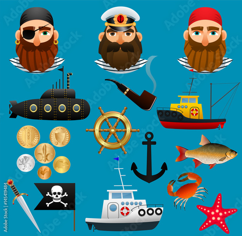 Pirate, sea captain and fisherman. Portraits of people of sea professions, their ships and things. Set of objects nautical theme. Vector