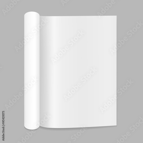Blank open magazine mockup with rolled page