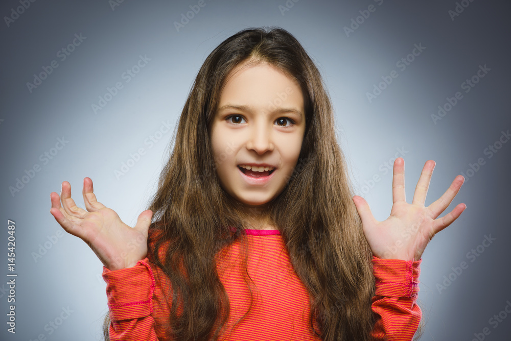Closeup portrait successful happy girl isolated grey background. Closeup portrait successful happy girl isolated grey background.