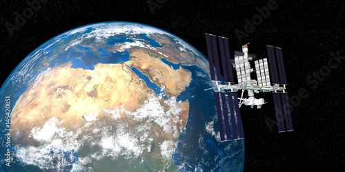 Fototapeta Naklejka Na Ścianę i Meble -  Extremely detailed and realistic 3d image of ISS international space station orbiting Earth. Shot from outer space. Elements of this image have been furnished by nasa.