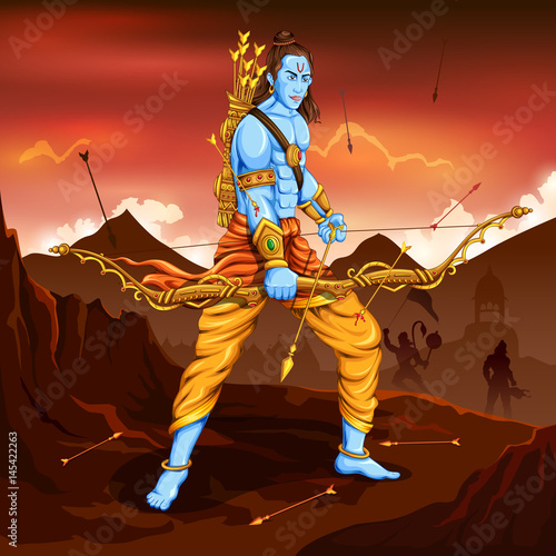 Lord Rama with arrow killing Ravana